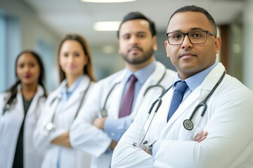 A diverse team of doctors stands together in a well-lit medical room, showcasing collaboration and professionalism in healthcare