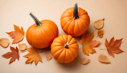 orange pumpkins autumn leaves beige background
