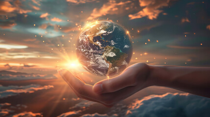 Hand holding a glowing earth at sunset: environmental conservation concept