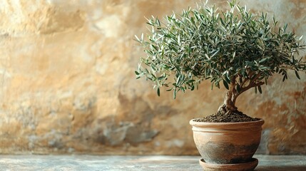   A potted olive tree sits on a table against a stone wall in the background