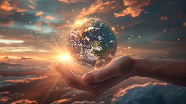 Hand holding a glowing earth at sunset: environmental conservation concept