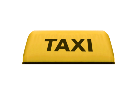 Yellow banner lamp on the roof of a taxi. On isolated transparent background.