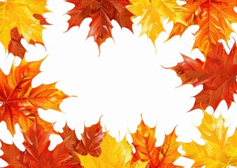 Fototapeta premium Autumn leaves background illustration with white space for text or message in the center, colorful autumn frame made from realistic maple leaves with detailed veins and colors Generative AI