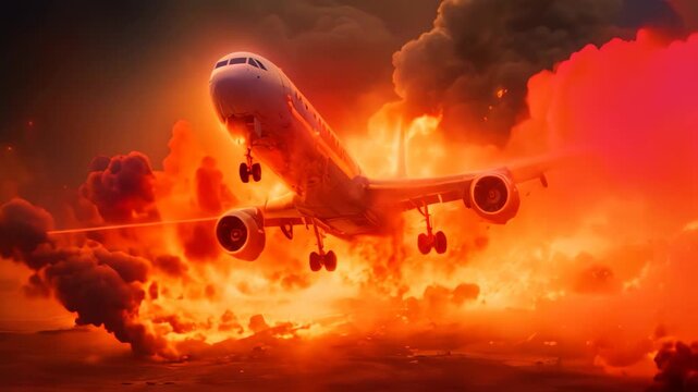 Airplane in fire and smoke at night. 3d illustration, Plane crash, plane on fire and smoke