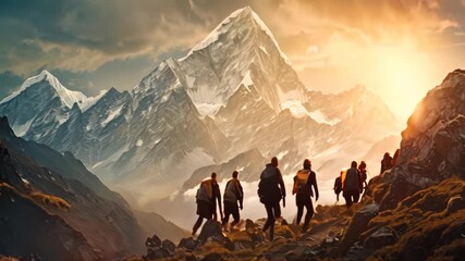Hikers with backpacks walking in the mountains. 3d rendering, Rear view of a mountain guide leading a group of hikers