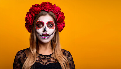 scary woman halloween makeup wearing red flower wreath looking frightened yellow background