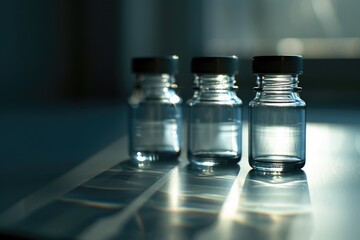 Three small glass bottles sitting on a table, ideal for use in still life or product photography
