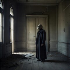 Naklejka premium Mysterious figure in black coat with somber expression stands in an abandoned room