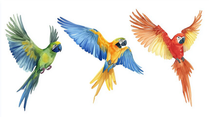 Fototapeta premium Watercolor painting of three macaw parrots in flight, with open wings, against a white background