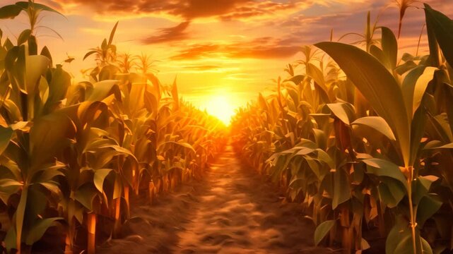 A stunning view of a corn field at sunset, with the sun casting a warm glow on the ripening crops, person fumigating field with pesticide or insecticide