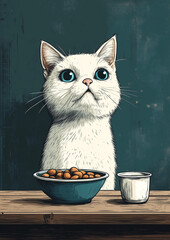 White cat with big blue eyes is looking up expectantly at a full bowl of food