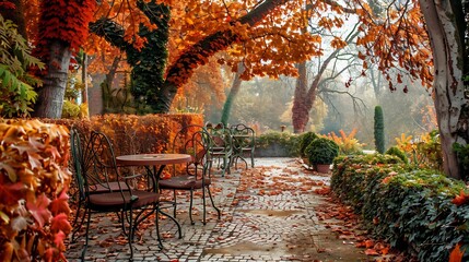 Obraz premium Idyllic autumn set with small white bench with soft sheepskin, lot of golden autumn maple leaves covering ground in park, sun coming from background. 