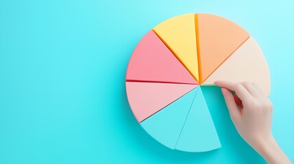 Obraz premium A hand adjusts a colorful pie chart on a turquoise background for data representation.