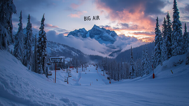 The inscription "BIG AIR" on a snowy jump, with a snowboarder or skier performing a massive aerial trick.