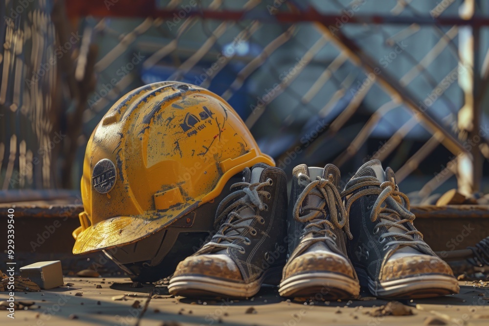 Poster abandoned construction equipment with a pair of shoes and a hard hat, possibly left behind after a p