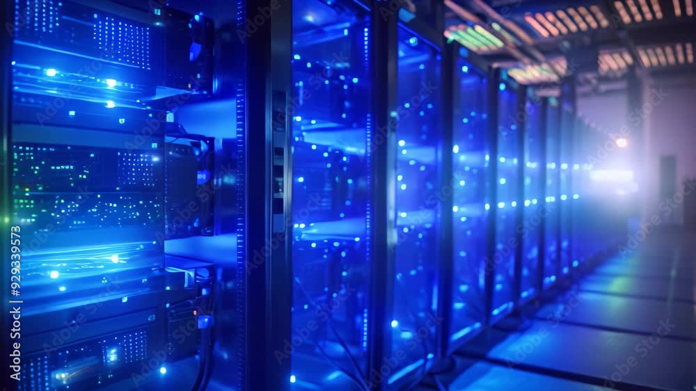 Poster a line of computer servers neatly arranged in a large data center room., row of network servers with