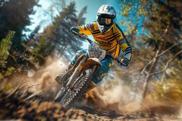 A person rides a dirt bike down a dirt road in a rural or wilderness area, suitable for adventure and outdoor themes