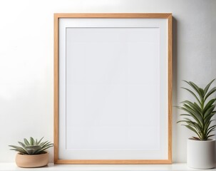 A blank frame mockup with plants in trendy vase. Template for artwork, Painting, Photo or poster