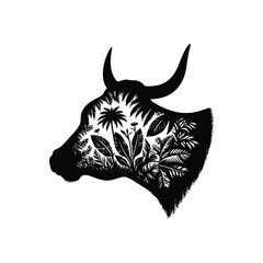 Obraz premium silhouette of Cow, filled with tropical plant in the jungle in rough drawing,