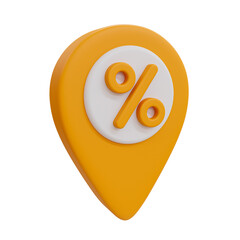 3D illustration of pin icon with a percentage symbol, representing discounts, interest rates, or financial locations.
