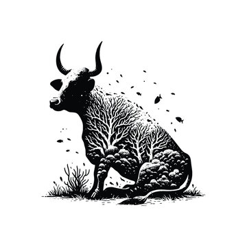 recommend clip art: silhouette of Cow, filled with underwater view with coral in rough drawing,