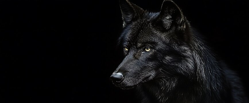 Close-up portrait of a black wolf with piercing yellow eyes against a dark background.