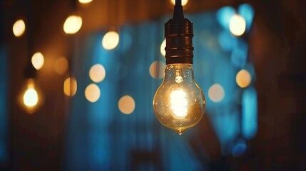 Vintage style cafe interior with exposed filament edison light bulbs and rustic decor