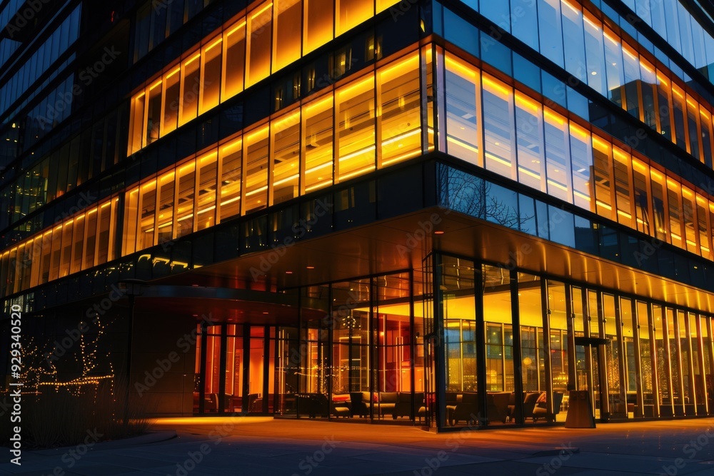 Poster a building with many lit up windows at night, suitable for use in urban or cityscape scenes