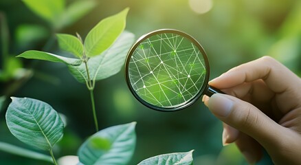 Obraz premium A hand holding a magnifying glass over green leaves, highlighting nature's details.