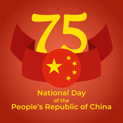 75th Anniversary National Day of the People's Republic of China. Independence Day greeting card. Large yellow number 75 and Chinese flag on gradient backdrop. Design for logo, web, print, social media