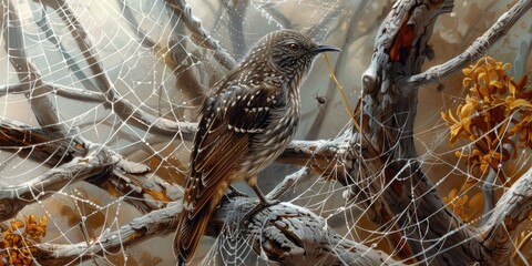 Western Wattlebird Anthochaera lunulata Feeding on a Spider in a Web Covered Tree