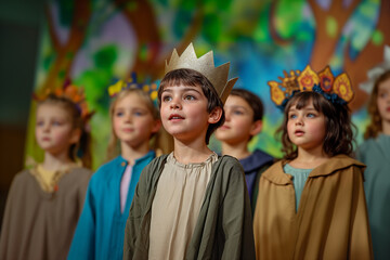 Costumed children performing on stage in a school play. A boy wearing a paper crown and robe stands in front.