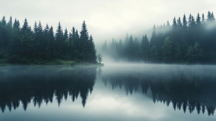 Fototapeta premium A serene misty lake surrounded by dense evergreen trees, reflecting a tranquil atmosphere.