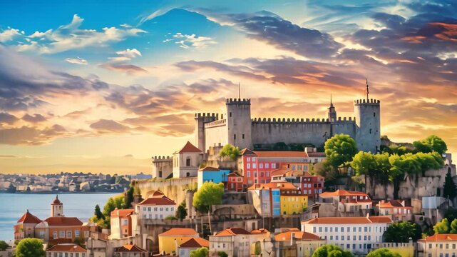 Panoramic view of old town of Porto at sunset, Portugal, Lisbon, Portugal skyline with Sao Jorge Castle