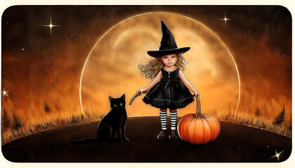 vintage halloween postcard featuring little witch pumpkin black cat