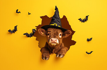 Baby highland cow wearing halloween witch hat, looking thru torn wallpaper hole, copy paste banner, Halloween theme