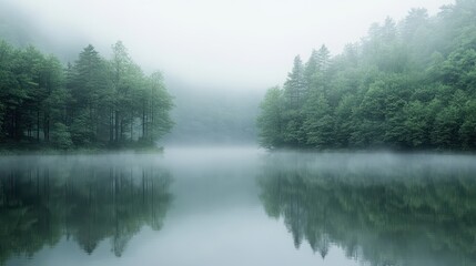 A serene misty lake surrounded by lush green trees reflecting on the water's surface.