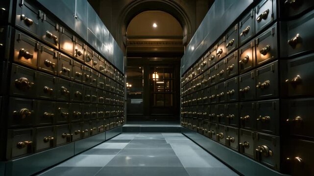 A row of metal drawers in a dark room with a long corridor, Lockers in a bank in a vault