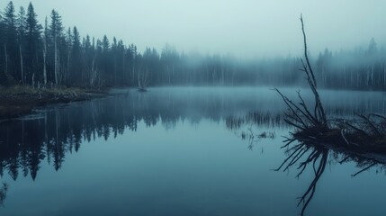 Fototapeta premium A serene misty lake surrounded by trees, creating a tranquil and atmospheric landscape.
