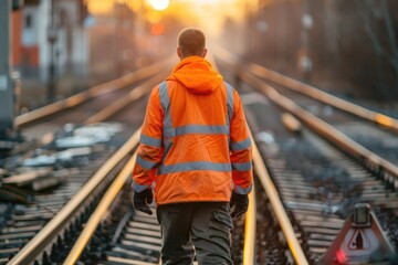 Fototapeta premium A person walking along the railroad tracks in an orange jacket, with a clear view of the surrounding landscape