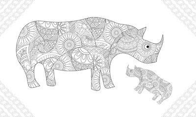 Rhinoceros Family Mandala Coloring PageAdorable Rhinoceros Coloring Page for Kids and Adults to Enjoy