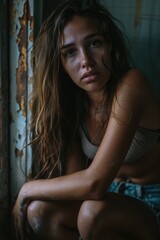 Fototapeta premium A young woman sits on a window sill with a calm expression, possibly contemplating or daydreaming