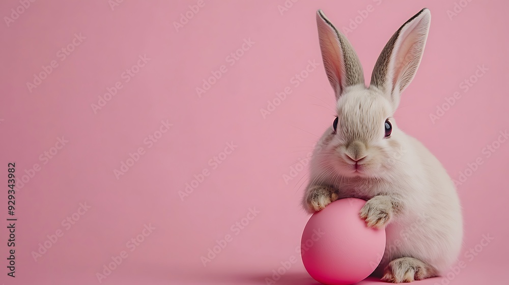 Wall mural Cute bunny rabbit holding a pink easter egg on a pink background.