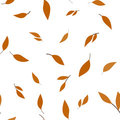 Autumn botanical decor. Monochrome white brown plant seamless pattern. Many brown willow leaves on white background. Soft nature colors. Background decorative elements for wallpaper, textile, etc.