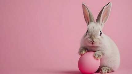 Obraz premium Cute bunny rabbit holding a pink easter egg on a pink background.