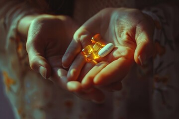 A person holding and considering taking medication