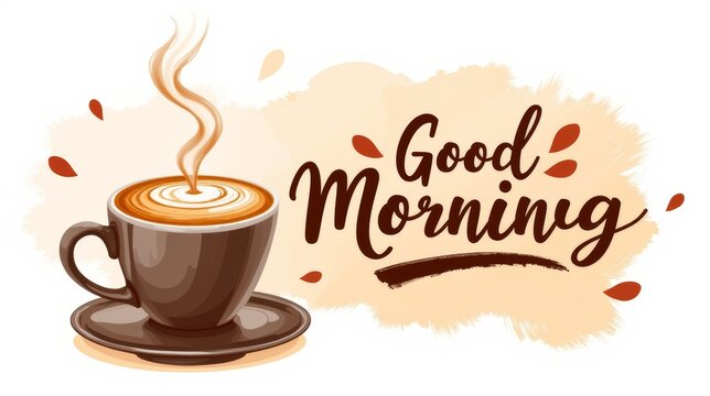 A warm, illustrated "Good Morning" message with a steaming cup of coffee, evoking a cozy and inviting start to the day.