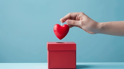 A hand places a red heart into a red donation box, symbolizing love and charity.