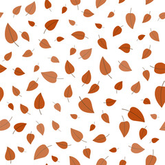 Autumn botanical decor. Monochrome white red plant seamless pattern. Random many small autumn leaves on white background. Soft nature colors. Cozy warm background for wallpaper, textile, etc.