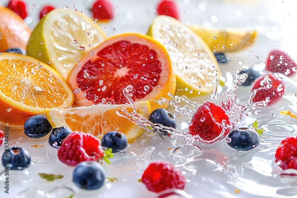 Poster close-up shot of a variety of fruits arranged on a table